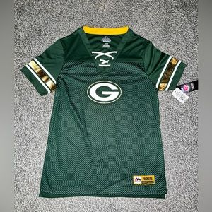 Packers NFL Majestic Green & Gold Football Women’s Fitted Jersey-Style Top